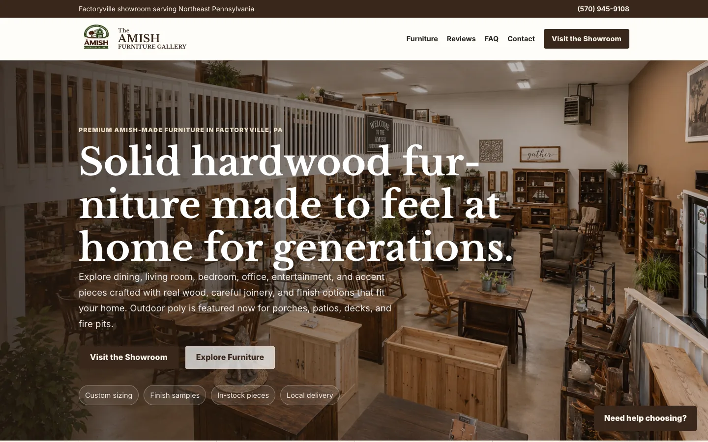 The Amish Furniture Gallery homepage with a full-width showroom hero.