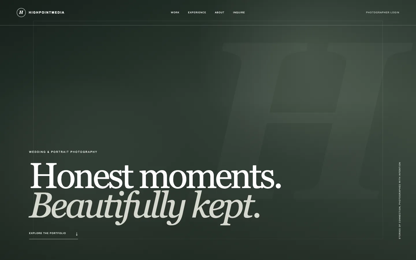 Highpoint Media photography portfolio homepage with dark green editorial styling.